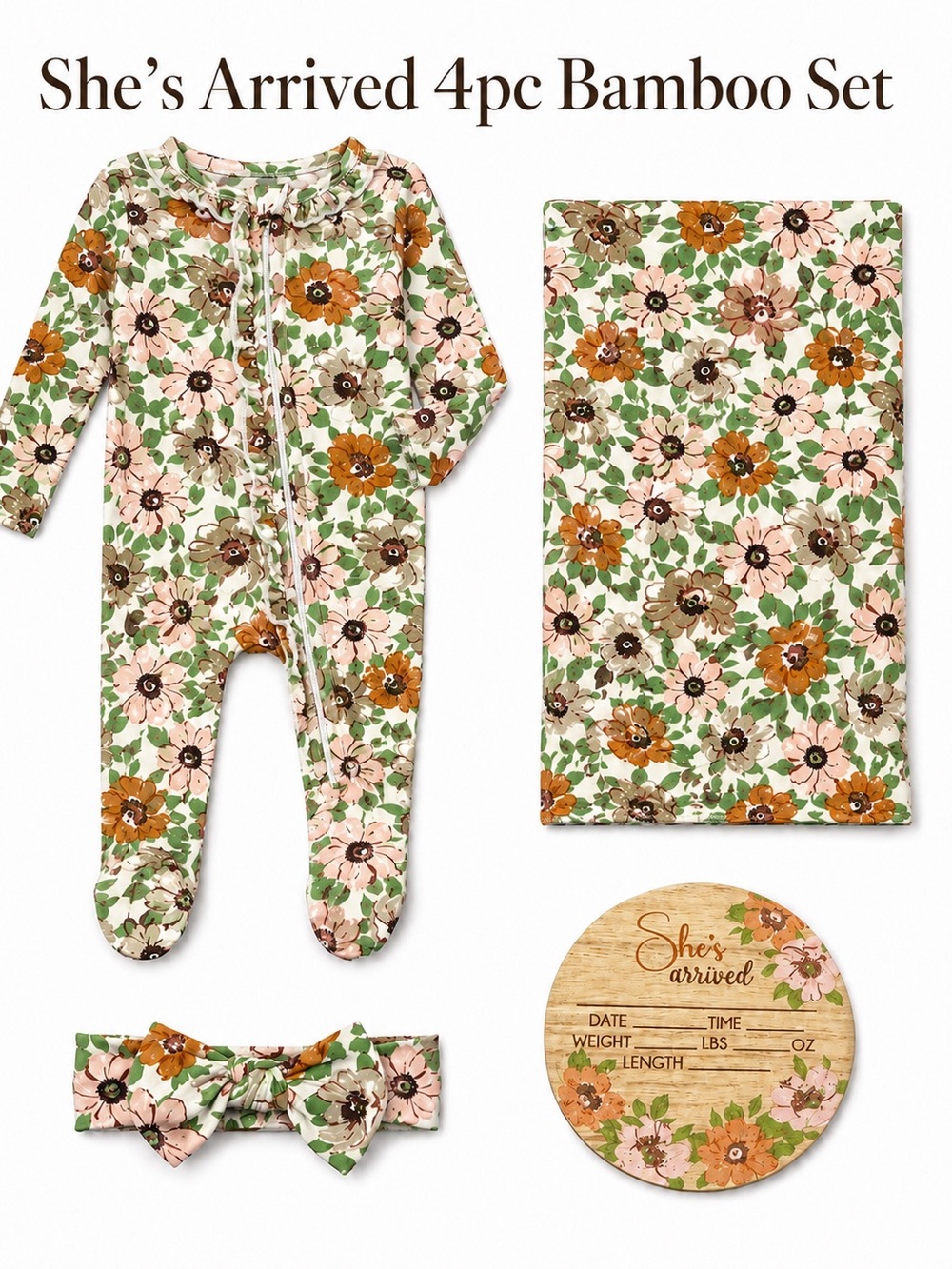 NWT She's Arrived Bamboo 4-Piece Set - Pink, Green & Brown NB Baby Essentials